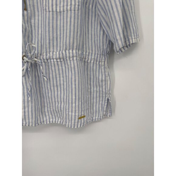 Ellen Tracy linen top shirt size medium Womens Blue Striped 3/4 roll tab Sleeve - Picture 2 of 5